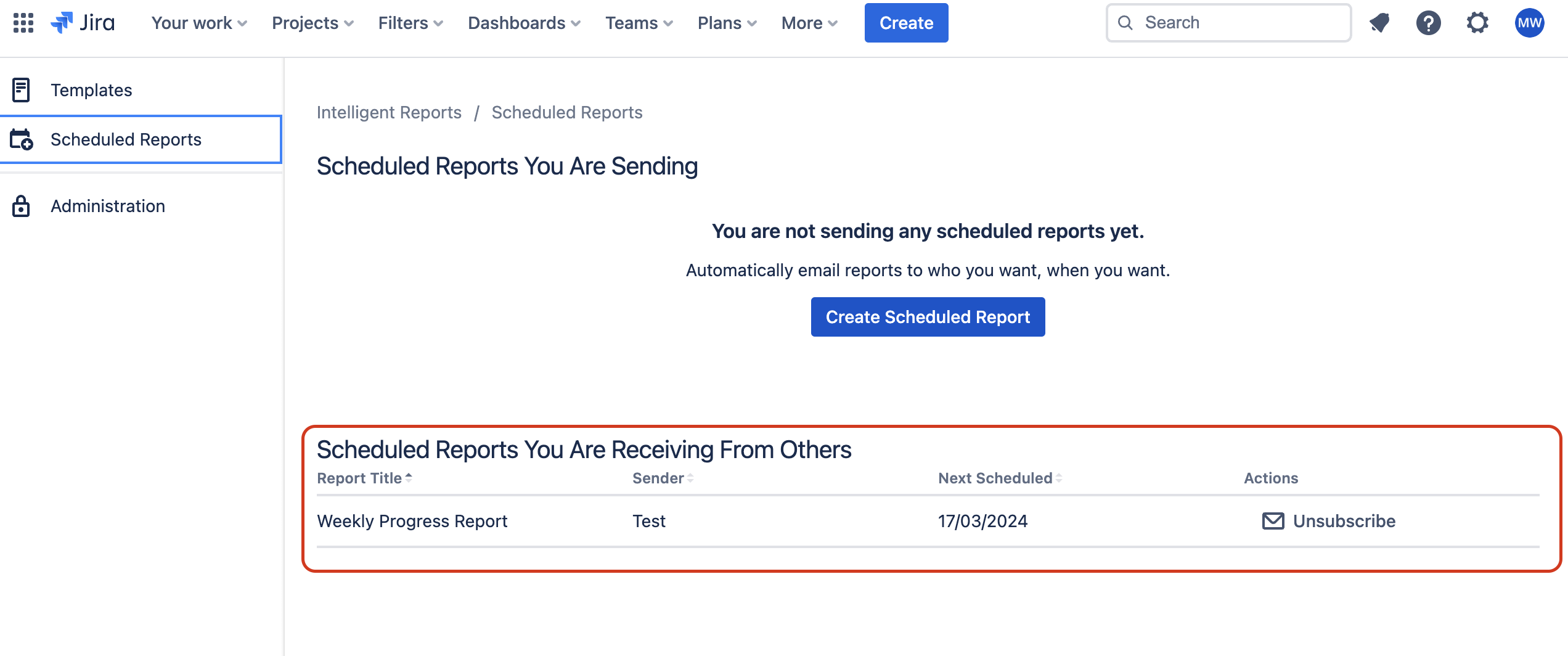 A list of scheduled reports that you are receiving from other users A list of scheduled reports that you are receiving from other users